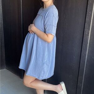 Blue Raw Hem Maternity Short Sleeve Dress